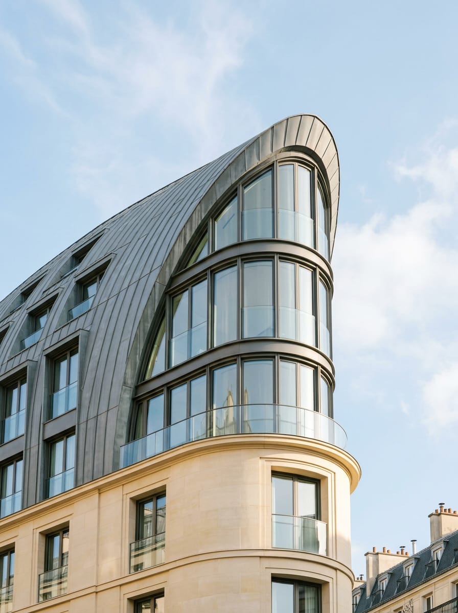 A curved zinc-clad building rising into a blue sky. Generated image.