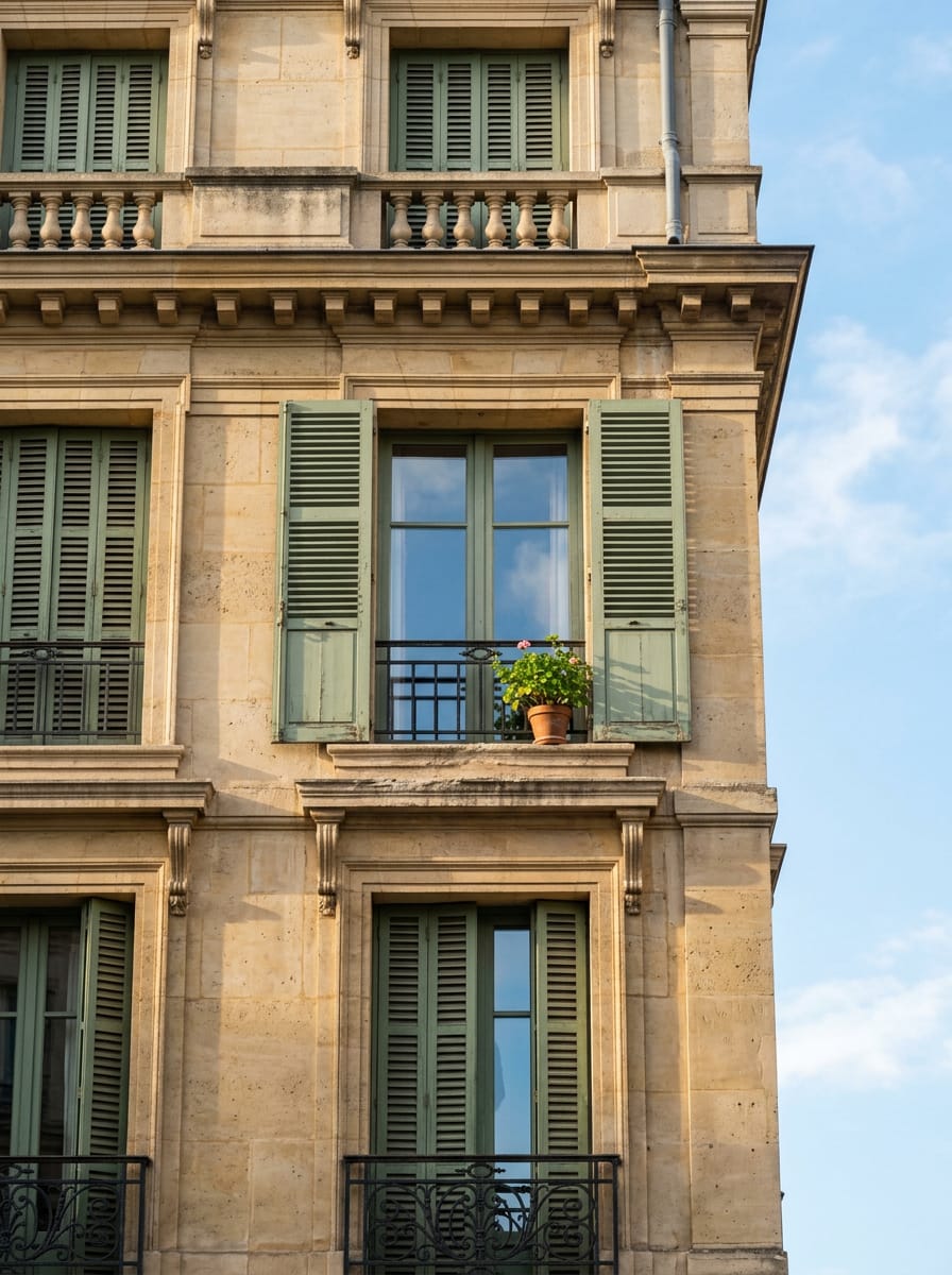 A limestone facade with green shutters and a potted plant on the balcony. Generated image.