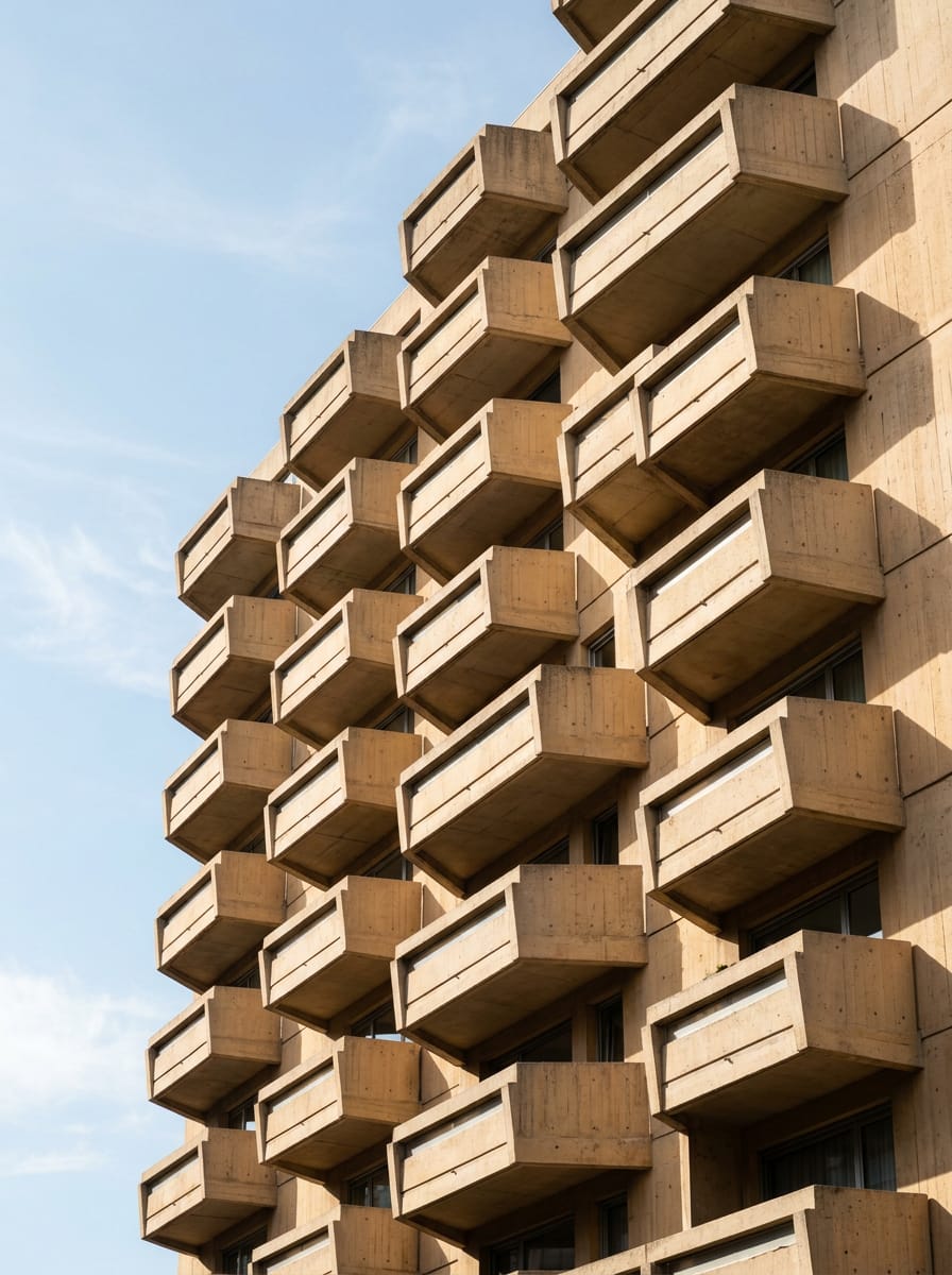 Stacked concrete balconies catching the sun. Generated image.