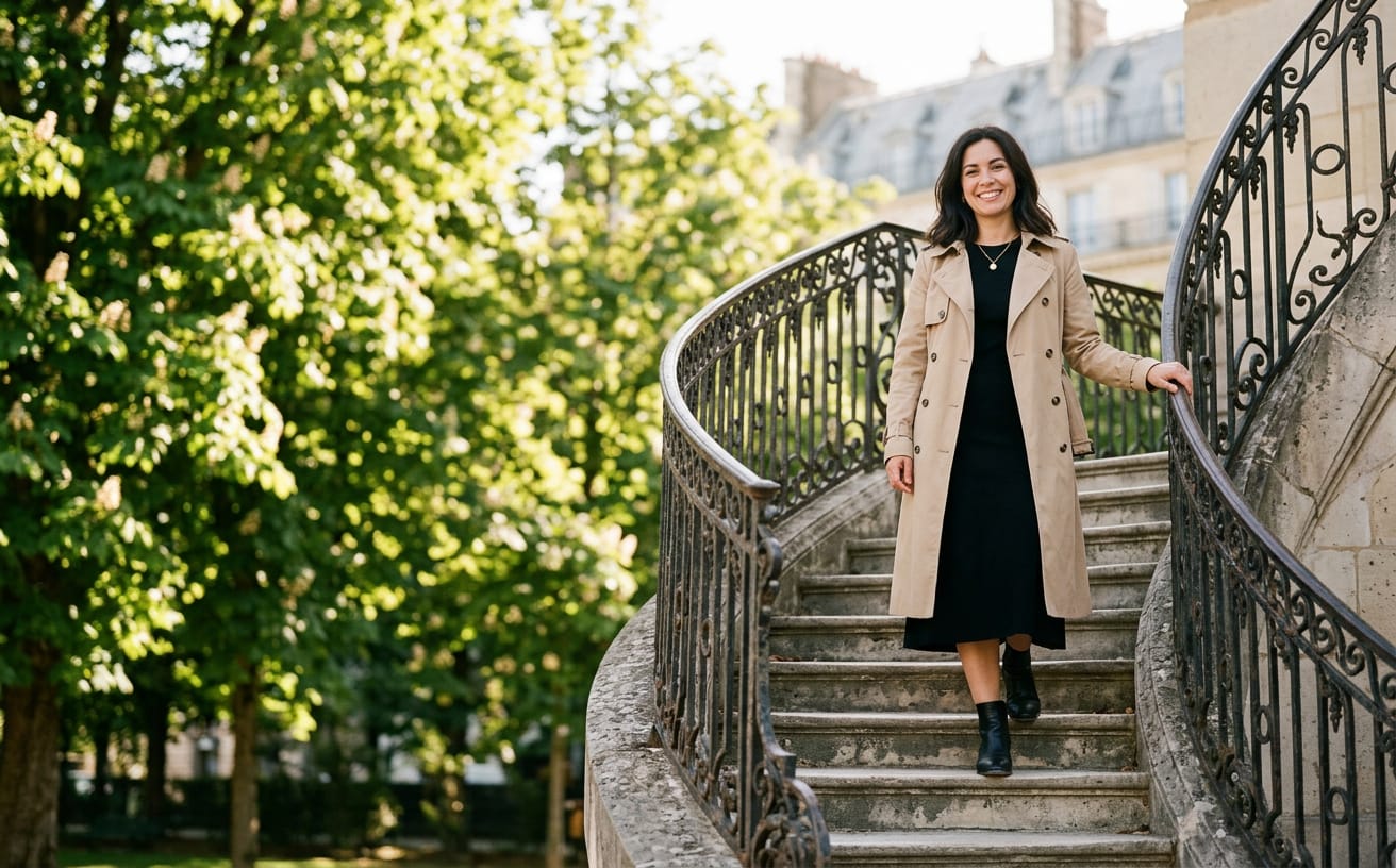 Emily, a woman in a trench coat on a stone staircase in a Paris park, smiling. Generated image.