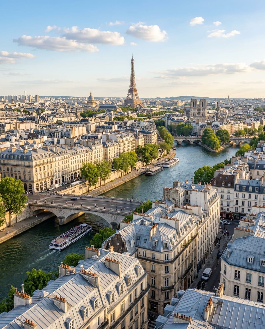 Paris seen from above, with the Seine, zinc rooftops and the Eiffel Tower in the distance. Generated image.
