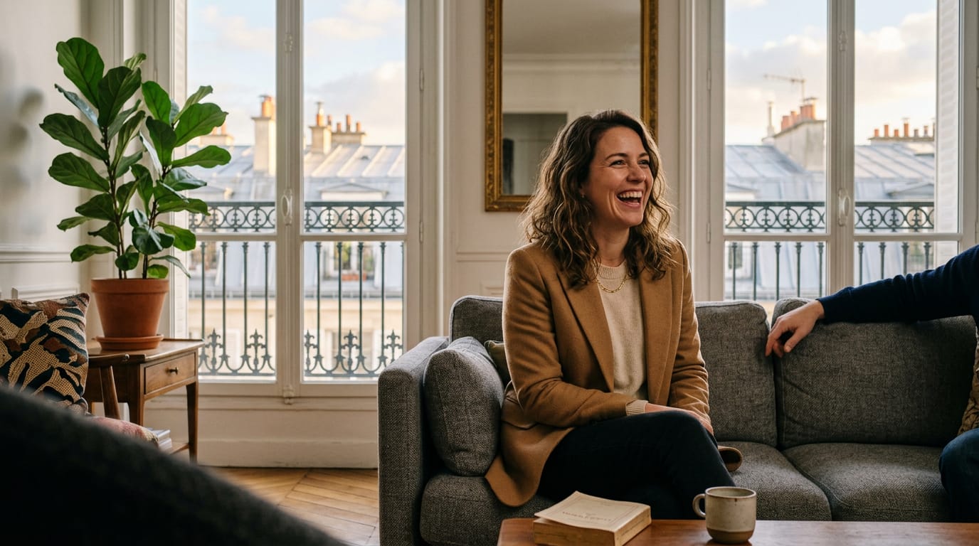 A woman laughing on a grey sofa in a Paris apartment with tall windows and zinc rooftops behind her. Generated image.