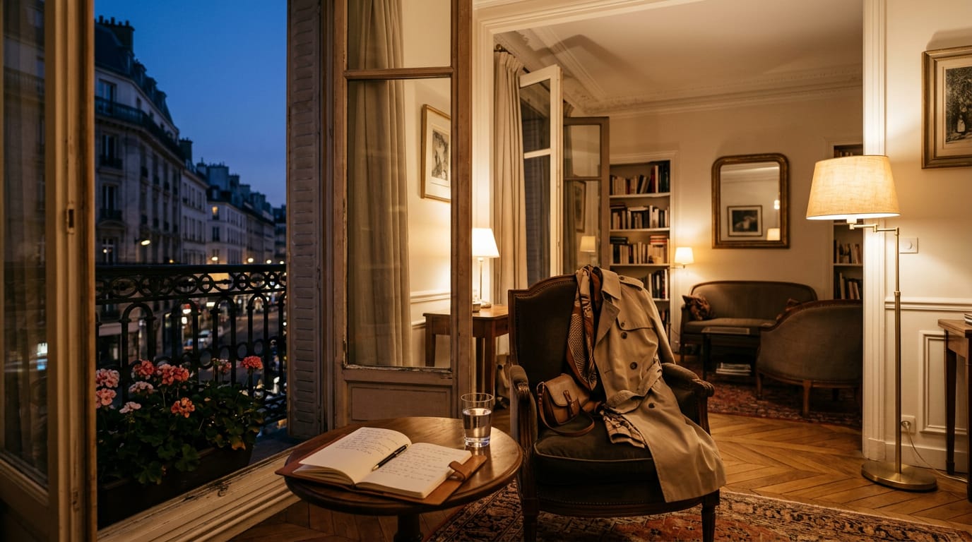 A Paris apartment at dusk with a notebook on a round table and a trench coat on an armchair. Generated image.